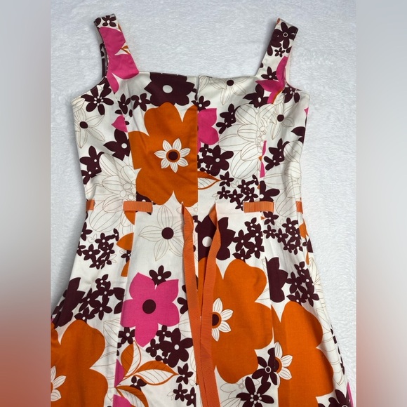 Noviello Bloom Orange Brown Floral Knee Length Cotton Bow Party Dress Y2K size 8 - Picture 5 of 13